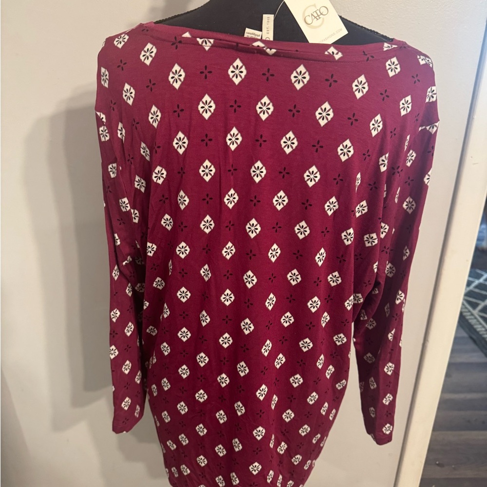 Long sleeve casual shirt with raspberry,black and white. Cato’s
